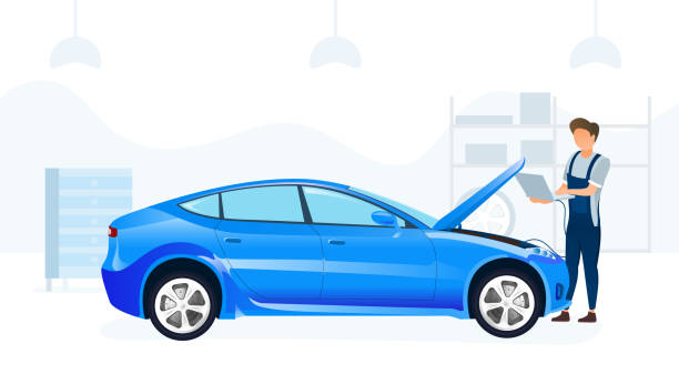 Mechanic servicing a car with a computer Mechanic servicing a blue saloon car with a computer in a modern garage or workshop in a transport concept, vector illustration mechanic backgrounds stock illustrations