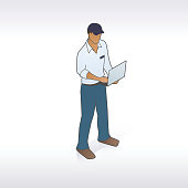 Illustration of a mechanic or technician with a laptop, in isometric view.