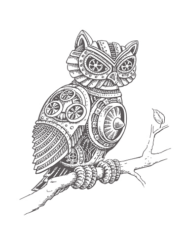 A Mechanical Owl on a Tree Branch in a Steampunk Style.