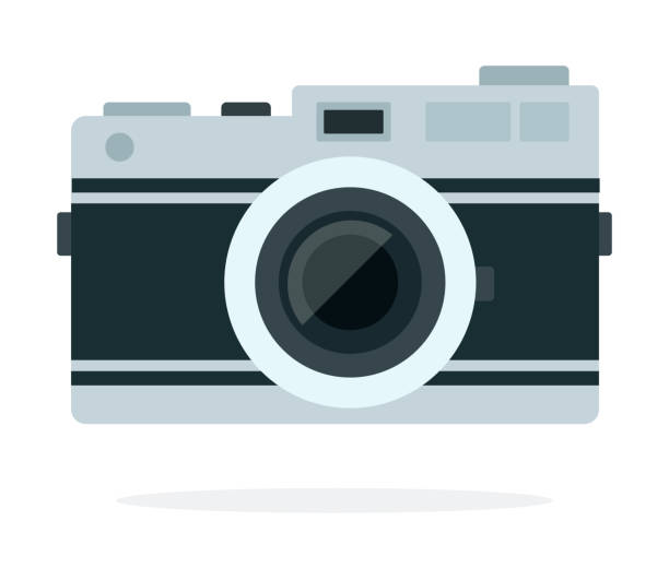Mechanical retro camera vector flat isolated Mechanical single-lens camera in retro style vector flat material design isolated on white machinery photos stock illustrations
