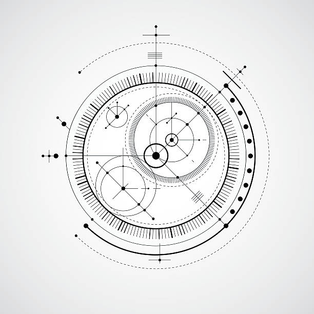 Mechanical scheme, black and white vector engineering drawing Mechanical scheme, black and white vector engineering drawing with circles and geometric parts of mechanism. Technical plan can be used in web design and as wallpaper. conspiracy stock illustrations