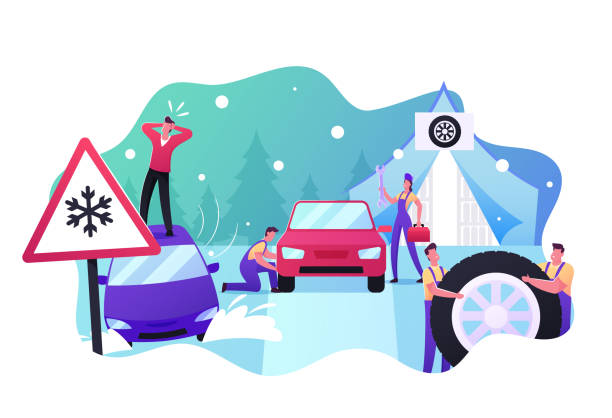 Mechanics Change Summer Tyres on Winter ones. Desperate Male Character Stand on Roof of his Car Stuck in Deep Snowdrift Mechanics Change Summer Tyres on Winter ones. Desperate Male Character Stand on Roof of his Car Stuck in Deep Snowdrift, Road Safety, Accident, Garage Service. Cartoon People Vector Illustration garage backgrounds stock illustrations