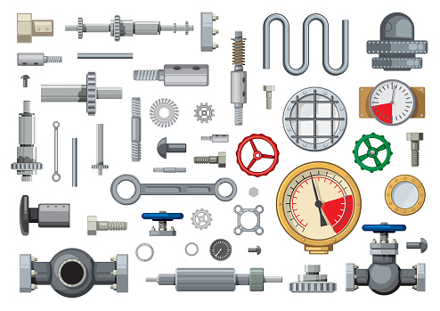 Mechanisms spare parts and engineering industry elements cartoon vector set. Worm, bevel, and helical gears, pipeline gate valves, piston pin and pressure gauges, hydraulic cylinder, bolts and gaskets