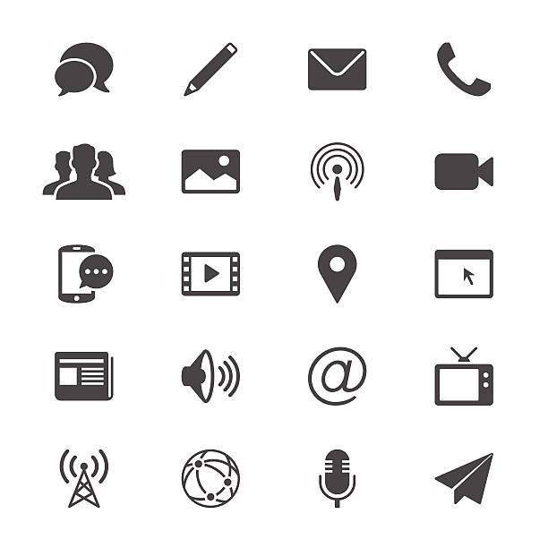 Media and communication flat icons Simple vector icons. Clear and sharp. Easy to resize. No transparency effect. EPS10 file. television industry photos stock illustrations
