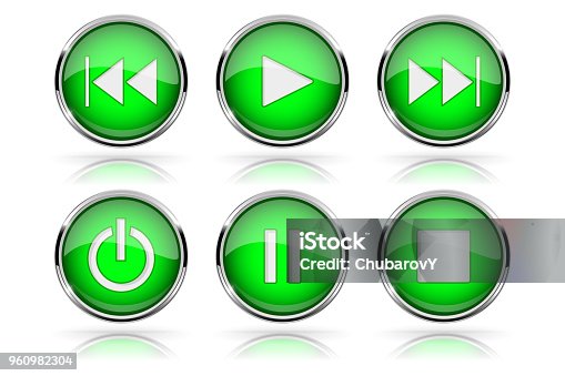 istock Media buttons. Green round glass buttons with chrome frame 960982304