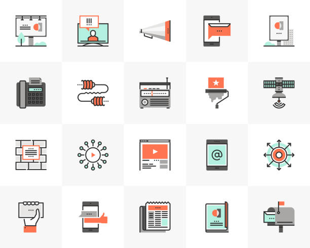 Media Communication Futuro Next Icons Pack Flat line icons set of media communication, advertising service. Unique color flat design pictogram with outline elements. Premium quality vector graphics concept for web, logo, branding, infographics. poster icons stock illustrations