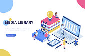 Media book library concept banner with characters. Can use for web banner, infographics, hero images. Flat isometric vector illustration isolated on white background.