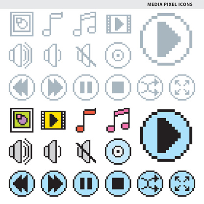 Set of fifteen media pixel icons in monochromatic and colorful styles. vector