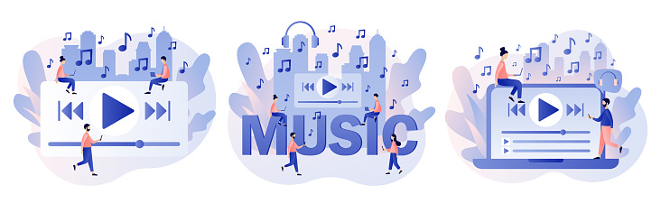 Media player app. Music play list. Tiny people listen music, sound, audio or radio online with smartphone app or laptop. Modern flat cartoon style. Vector illustration vector