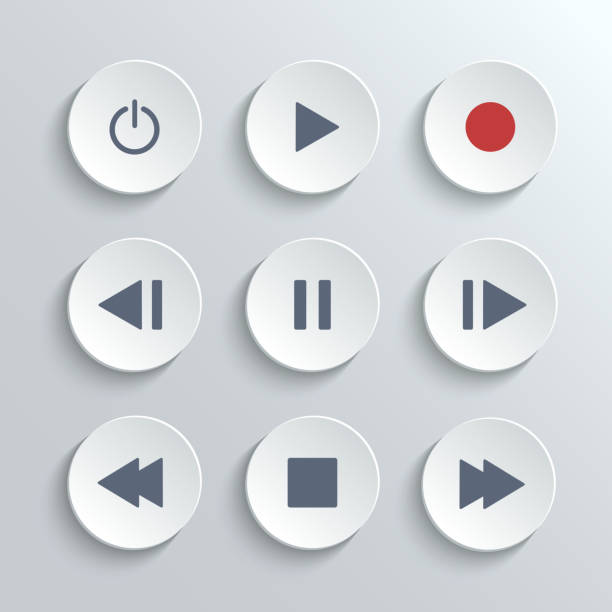 Media player control round button ui icon set Media player control ui icon set- vector white round buttons resting stock illustrations