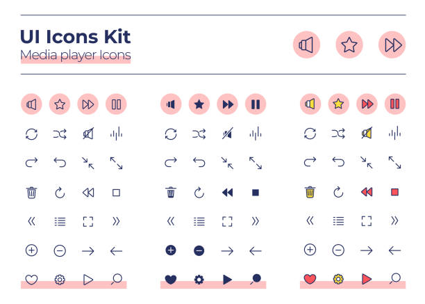 Media player UI icons kit Media player UI icons kit. Audio settings thin line, glyph and color vector symbols set. Play and stop sound. Multimedia mobile app buttons in pink circles pack. Web design elements collection user experience stock illustrations