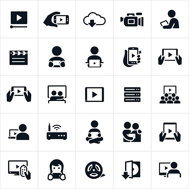 Media Streaming Icons An icon set of the video or media streaming industry. The icons include people using different devices to stream video, music or other forms of media. video on demand stock illustrations