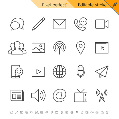 Media and communication thin icons. Pixel perfect. Editable stroke.