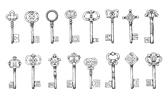 Mediaeval keys. Hand drawn antique sketch elements. Retro door opener types. Lock access. Home privacy and secure. Old safe passkeys. House protection. Vector vintage latchkeys set