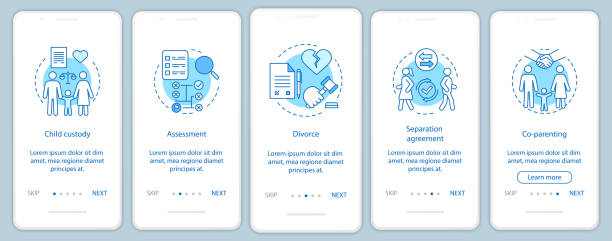 Mediation onboarding mobile app page screen vector template Mediation onboarding mobile app page screen vector template. Child custody, assessment, divorce, co-parenting. Walkthrough website steps with linear illustrations. UX, UI smartphone interface concept divorce drawings stock illustrations