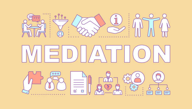 Mediation word concepts banner Mediation word concepts banner. Coworking. Dispute, conflict legal resolution. Divorce assist. Presentation, website. Isolated lettering typography idea with linear icons. Vector outline illustration divorce drawings stock illustrations