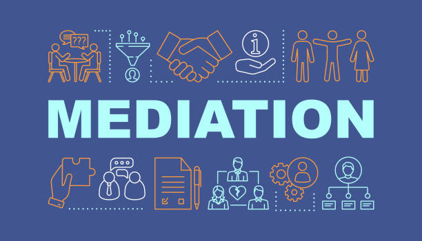 Mediation word concepts banner Mediation word concepts banner. Coworking. Dispute, conflict legal resolution. Presentation, website. Isolated lettering typography idea with linear icons. Divorce assist. Vector outline illustration divorce drawings stock illustrations
