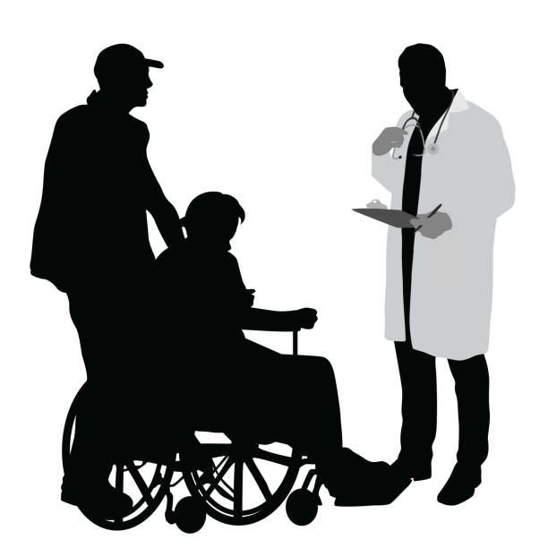 Medical Adfvice Wheelchair Bound Doctor visiting a patient confined to her wheelchair doctor silhouettes stock illustrations