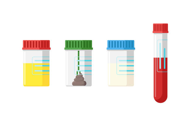 medizinische analyse labor test urin stuhl fäkalien sperma sperma und blut in kunststoff-gläser mit farbigen deckeln. flache vektor-illustration - reagenzgläser stock-grafiken, -clipart, -cartoons und -symbole