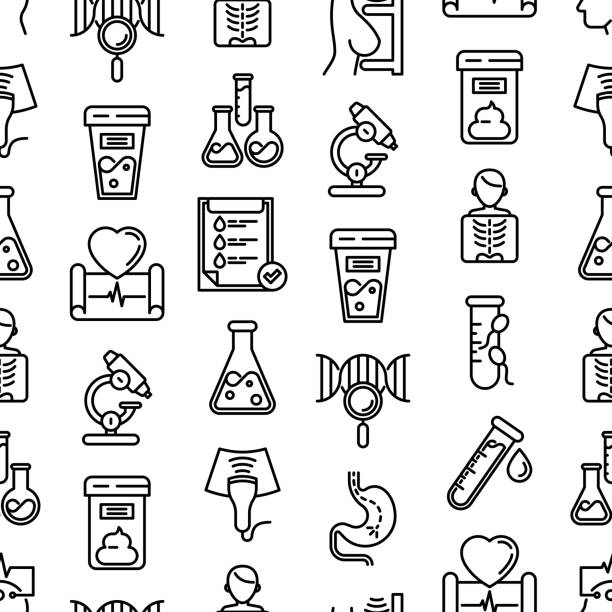 Medical analyzes seamless pattern with thin line icons: blood test, urine test, stool, ECG, mammography, sperm, DNA, ultrasound, EEG, X-ray, gastroscopy. Vector illustration for laboratory web page. Medical analyzes seamless pattern with thin line icons: blood test, urine test, stool, ECG, mammography, sperm, DNA, ultrasound, EEG, X-ray, gastroscopy. Vector illustration for laboratory web page. laboratory icons stock illustrations