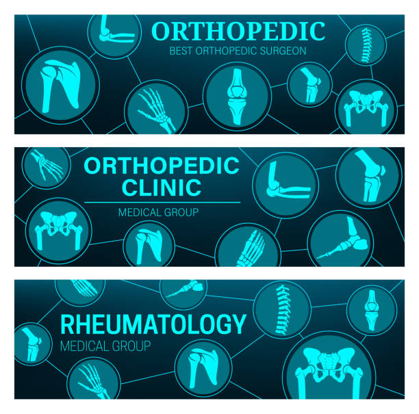 Medical banners of rheumatology and orthopedic Rheumatology and orthopedic medical clinic vector banners with joints and bones anatomy. MRI and CT scans of arthritis pain diagnostics with leg, hand, knee and spine, foot, pelvis, shoulder and elbow pain patterns stock illustrations