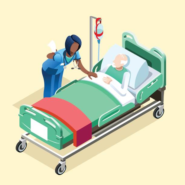 Medical Black Nurse Talking with Patient Vector Isometric People Medical team group of black female nurse or doctor talking to elderly patient in bed. Hospitalization concept with isometric people vector hospital team illustration in flat design patient in hospital bed stock illustrations