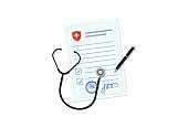Medical blank document with stethoscope and pen. Doctor diagnosis prescription form or health insurance. Healthcare concept vector illustration