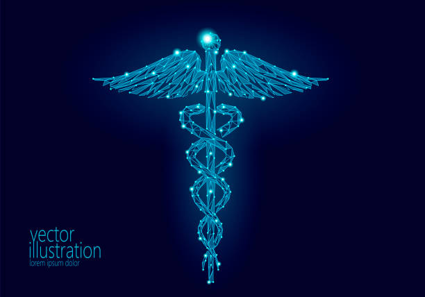 Medical Caduceus symbol low poly modern design. Innovation technology medicine future center polygon triangle blue glowing sign. Snake and wings abstract vector illustration dark background Medical Caduceus symbol low poly modern design. Innovation technology medicine future center polygon triangle blue glowing sign. Snake and wings abstract vector illustration dark background art caduceus stock illustrations