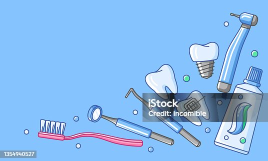 istock Medical card with dental equipment icons. Dentistry and health care background. 1354940527