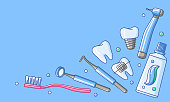 istock Medical card with dental equipment icons. Dentistry and health care background. 1354940527