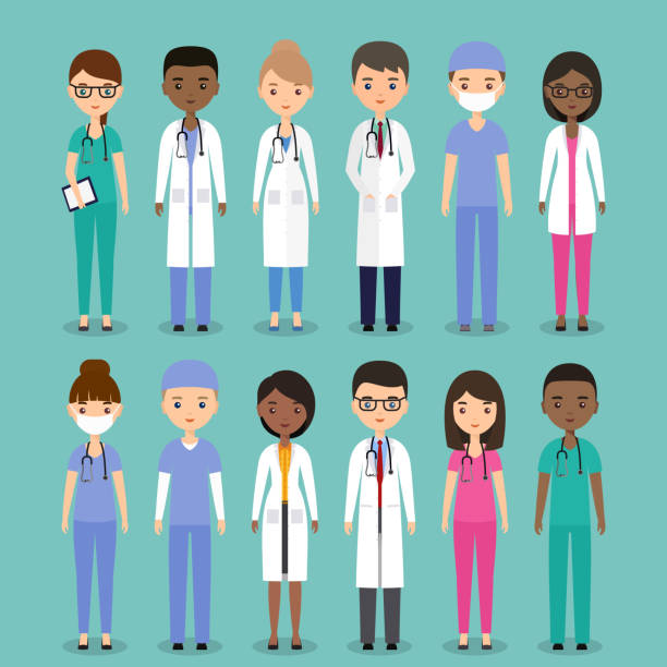 Medical characters. Doctors and nurses in flat design. Vector illustration. Icons medical characters doctors, nurses and surgeons. Vector flat people. Hospital staff. Medicine concept. nurse face stock illustrations