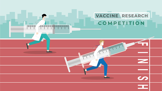 Medical concept. Vaccine research competition. A doctor carry big syringe run in race track with the other doctor to reach the finish line for get the vaccine first. International medicine contest.
