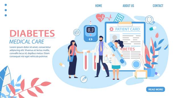 Medical Diabetes Diagnosis Treatment Landing Page Medical Diabetes Diagnosis and Treatment Trendy Flat Landing Page. Cartoon Doctor, Nurse and Patient Standing over Examination Card, Blood Glucose Meter and Insulin Vial. Vector Illustration chronic pain stock illustrations