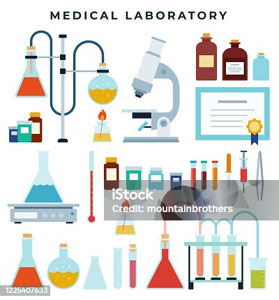 istock Medical diagnostic or scientific laboratory equipment, set of flat icons. Flask, vial, jar, microscope, tweezers, reagents, beaker. 1225407633