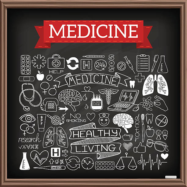 Medical doodles on chalk board Medical doodles on chalk board. Hand drawn healthcare set of icons with medicine and science tools, human organs, diagrams, banners with quotes etc. Black chalkboard effect. Vector illustration. nurse drawings stock illustrations