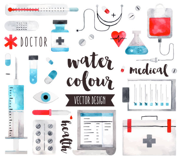 Medical Equipment Watercolor Vector Objects Premium quality watercolor icons set of medical equipment, pills with first aid kit. Hand drawn realistic vector decoration with text lettering. Flat lay watercolour objects isolated on white background. doctor drawings stock illustrations
