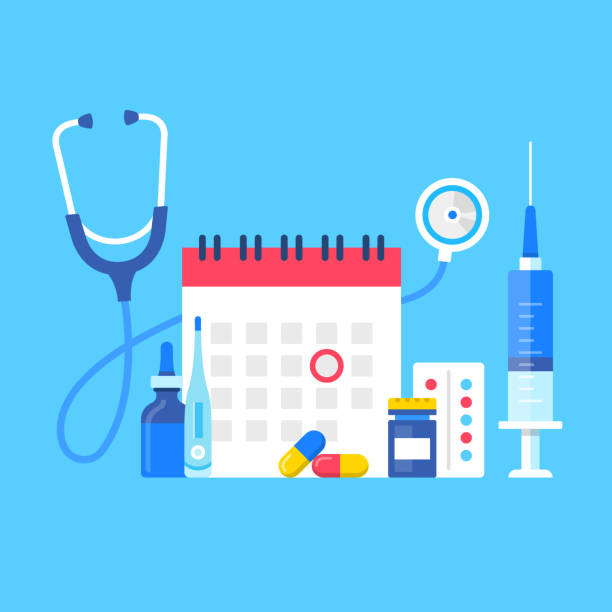 Medical exam. Vector illustration. Medical test, scheduled medical examination concepts. Flat design. Calendar with red circle date, bottle of pills, capsules, syringe, stethoscope and thermometer Medical exam. Vector illustration. Medical test, scheduled medical examination concepts. Flat design. Calendar with red circle date, bottle of pills, capsules, syringe, stethoscope and thermometer annual event stock illustrations
