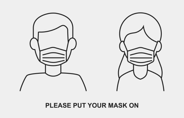 ilustrações, clipart, desenhos animados e ícones de ícone vetorial da máscara facial médica com silhueta de homem e mulher em estilo de linha. v1 - máscara covid