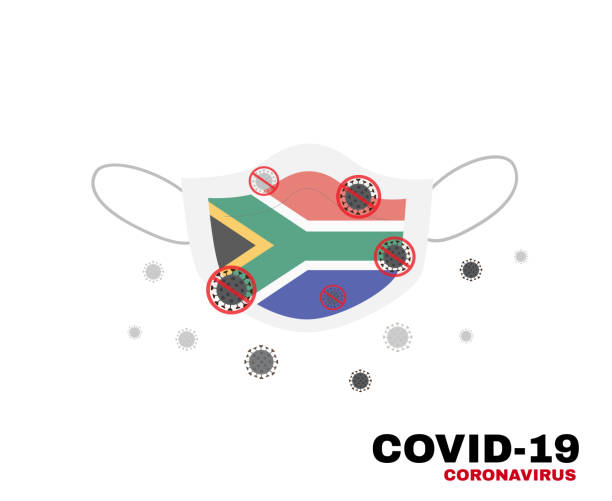güney afrika halkını coronavirus veya covid-19'dan korumak için güney afrika bayrağı sembolü ile tıbbi yüz maskesi, virüs salgınını koruma konsepti, işaret sembolü arka plan, vektör illüstrasyon - south africa covid stock illustrations