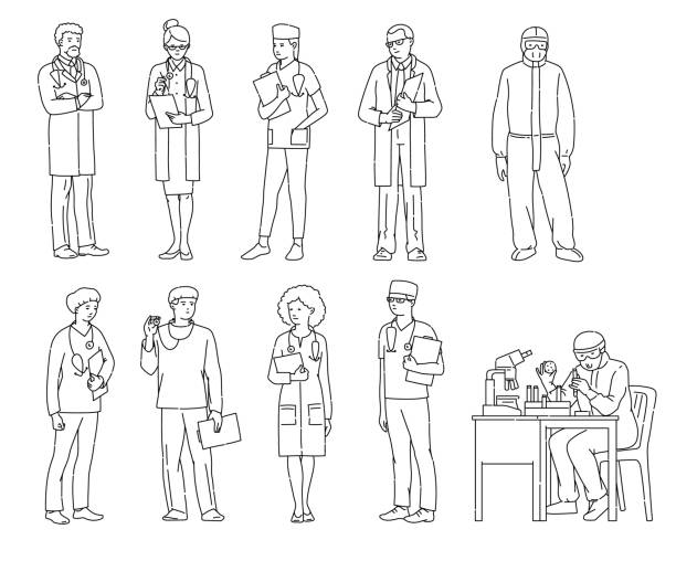 Medical field professional set - cartoon doctor, nurse, scientist and other workers Medical field professional set - cartoon doctor, nurse, scientist and other essential hospital workers in uniform. Coloring book style colorless vector illustration. nurse drawings stock illustrations