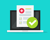 Medical form check list with results data and approved check mark online on laptop screen vector icon, flat cartoon computer and clinical checklist document report with checkbox, tele medicine service