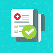 Medical form check list with results data and approved check mark vector icon, flat cartoon clinical checklist document with checkbox, insurance or medicine service concept