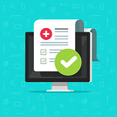 Medical form check list with results data and approved check mark online vector icon, flat cartoon computer and clinical checklist document report with checkbox, insurance or tele medicine service