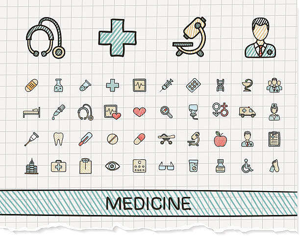 Medical hand drawing line icons. Vector doodle pictogram set Medical hand drawing line icons. Vector doodle pictogram set: color pen sketch sign illustration on paper with hatch symbols: hospital, emergency, doctor, nurse, pharmacy, medicine, health care. nurse drawings stock illustrations