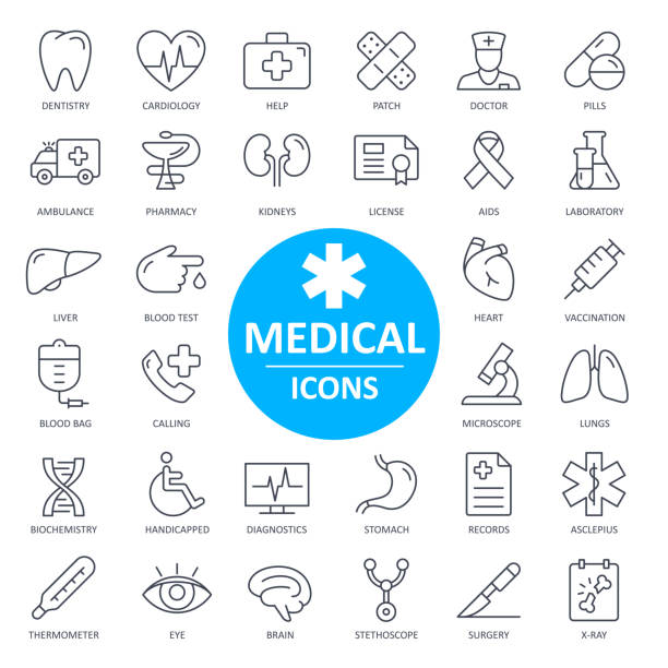 ilustraciones, imágenes clip art, dibujos animados e iconos de stock de iconos médicos - vector de línea delgada. salud y medicina - eye doctor