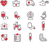 Medical icons set over white background. Set care heart ambulance hospital, emergency medical icons. Vector syringe pharmacy clinic web medical icons. Human laboratory chemical microscope symbols.