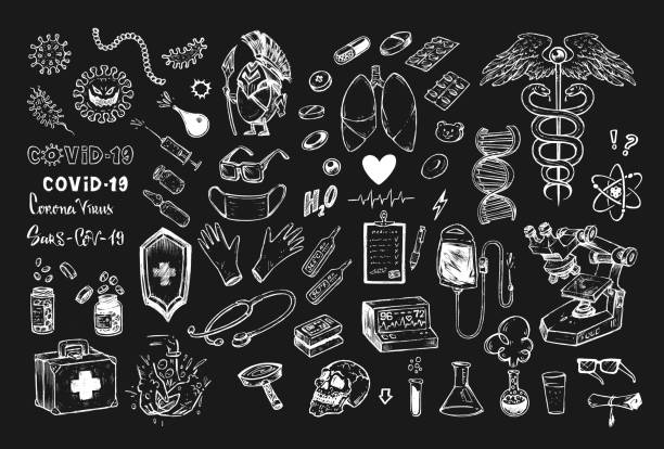 Medical icons with coronavirus Covid-19, lungs, vaccine and pills, hospital or laboratory equipment on black background. Set of Healthcare symbols chalk drawing style doodles vector illustration Medical vector icons set with coronavirus Covid-19 dna drawings stock illustrations