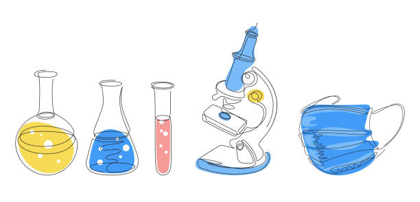 Medical illustrations set. Microscope, mask, test tubes. Medical illustrations set. Microscope, mask, test tubes. Continuous line. Laboratory instrument. The medicine. biology, science. laboratory drawings stock illustrations