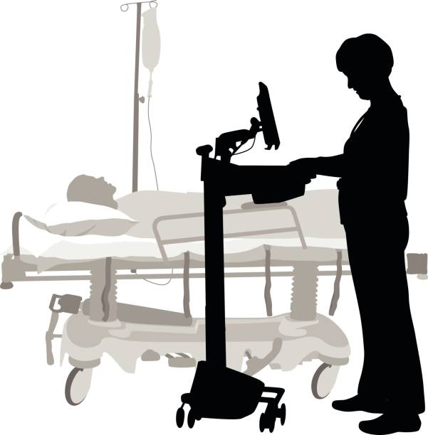 Medical Information At Hand A vector silhouette illustration of a female nurse working on a mobile computer work station in a hospital room with a patient in a gurney with an iv drip. hospital silhouettes stock illustrations