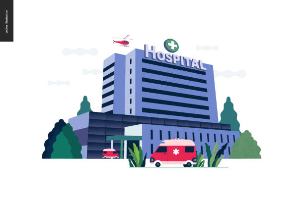 Medical insurance template - hospital Medical insurance - hospital facilities and services - modern flat vector concept digital illustration - a hospital building with an ambulance car and a helicopter above, medical office or laboratory hospital building stock illustrations